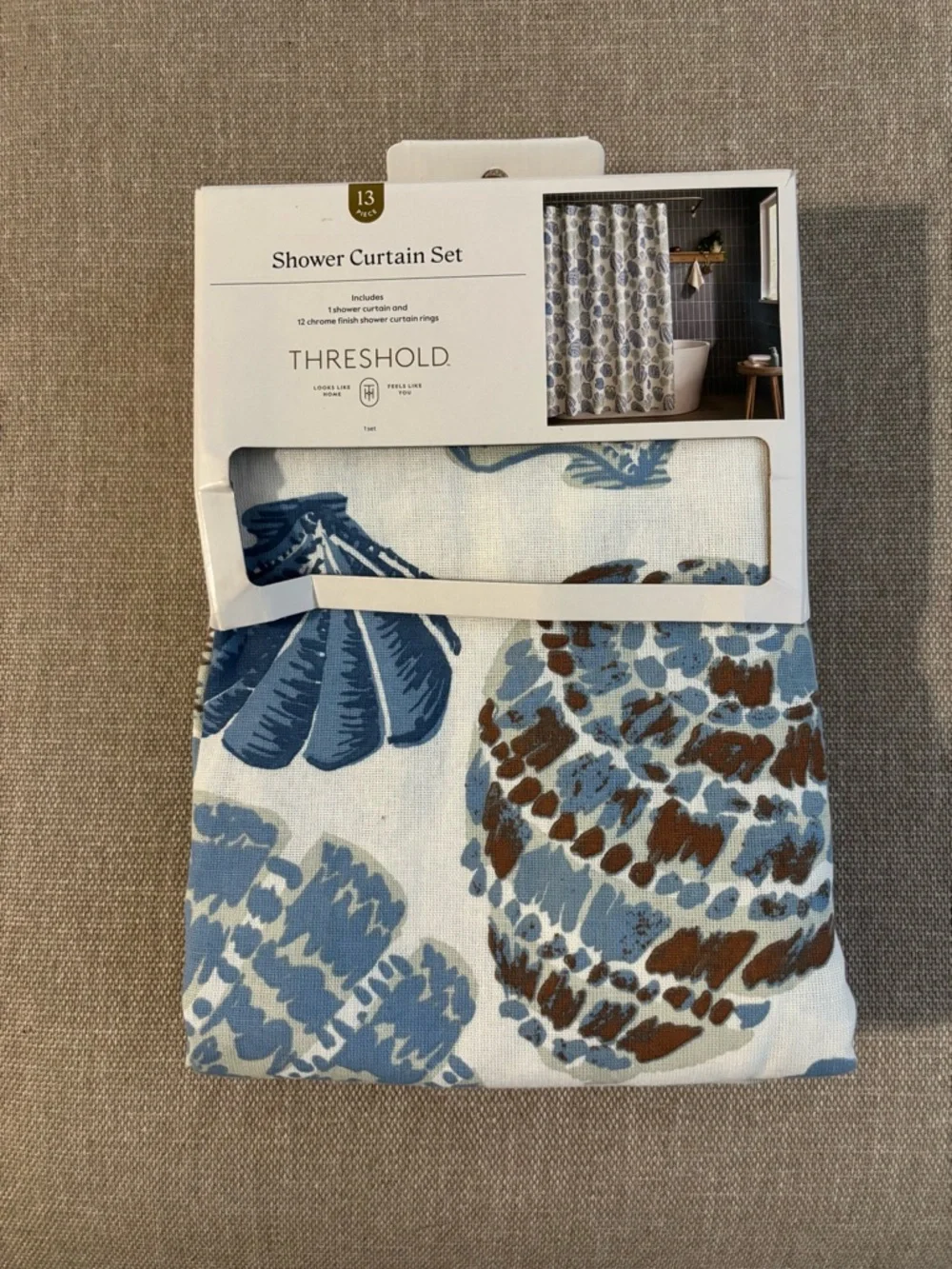 NEW-Threshold Seashell Print Shower Curtain in Blue, Cream and Tan